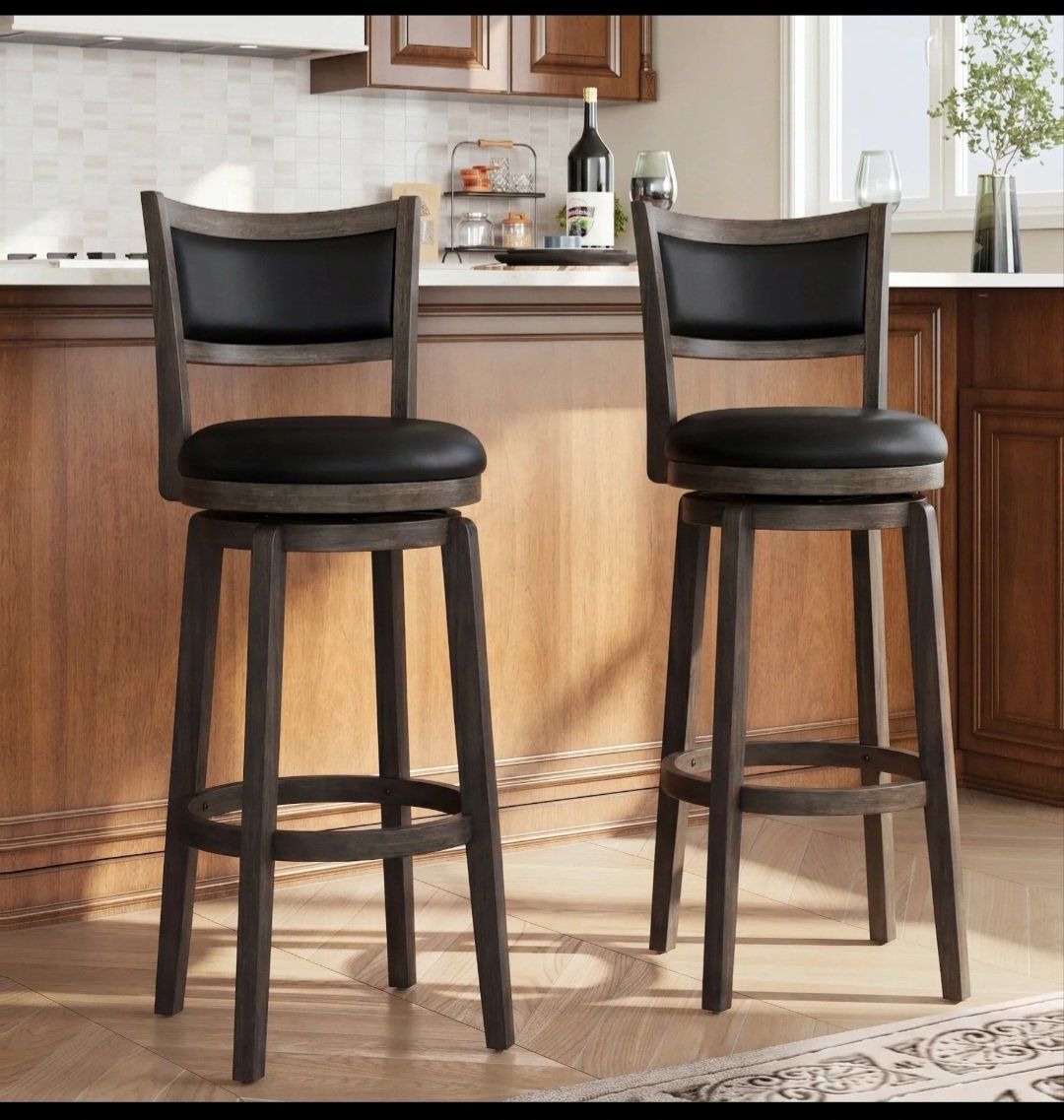 Primezone 24" Swivel Bar Stools Black Faux Leather Wooden Frame Set of 2