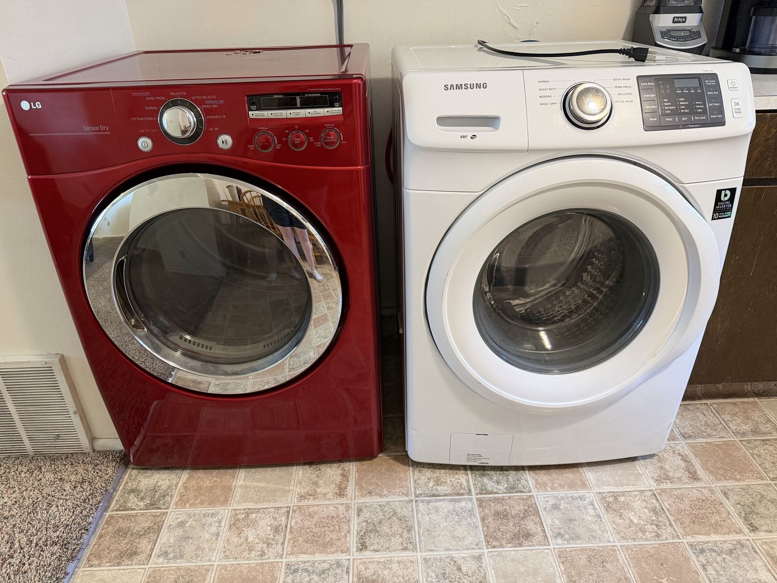 LG Sensor Dry Red Electric Dryer & Samsung VRT White Front Load Washer Set