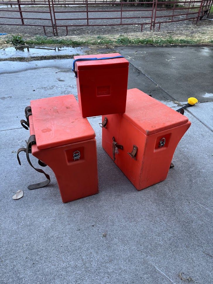 Various Horse Equipment -- Pannier Boxes, Leather Hobbles, Halter, hocks