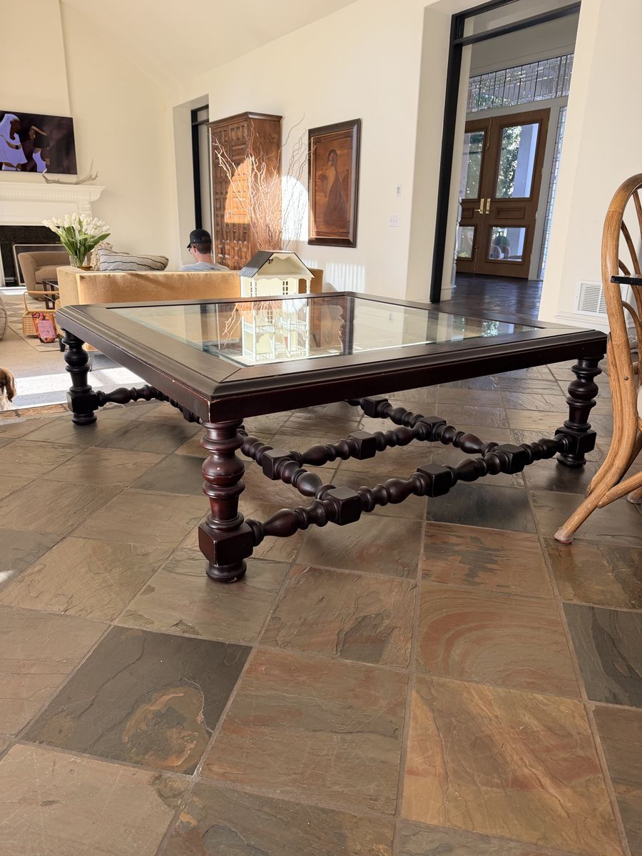 Large Square Dark Wood Coffee Table with Glass Top and Ornate Turned Legs