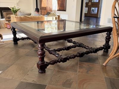 Large Square Dark Wood Coffee Table with Glass Top and Ornate Turned Legs