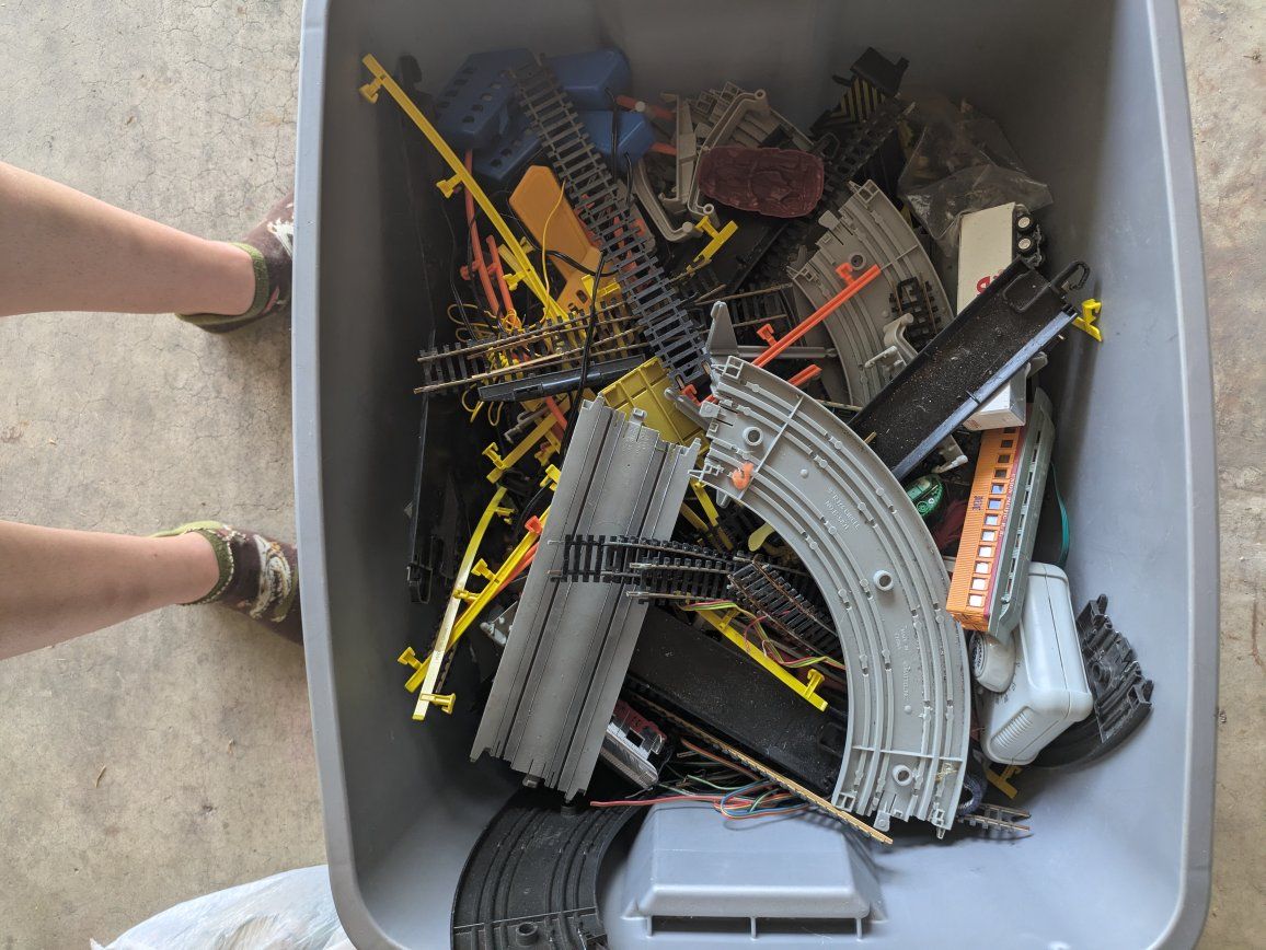 Assorted Model Train Track, Accessories, and Cars Plastic Storage Bin Bulk Lot