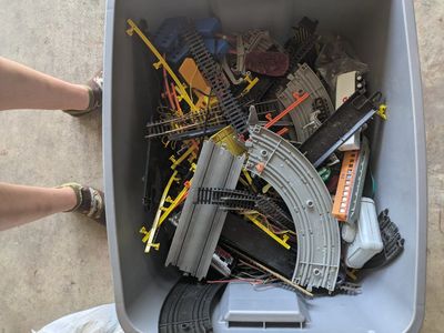 Assorted Model Train Track, Accessories, and Cars Plastic Storage Bin Bulk Lot