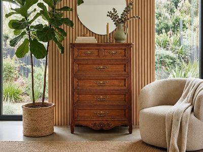 Vintage 5-Drawer French Provincial Highboy Chest of Drawers Dresser w/Carved Detailing & Ornate Brass Pulls by Dixie
