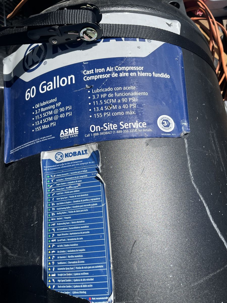 Kobalt 60 Gallon Cast Iron Air Compressor - 3.7 HP, 155 Max PSI, Oil Lubricated