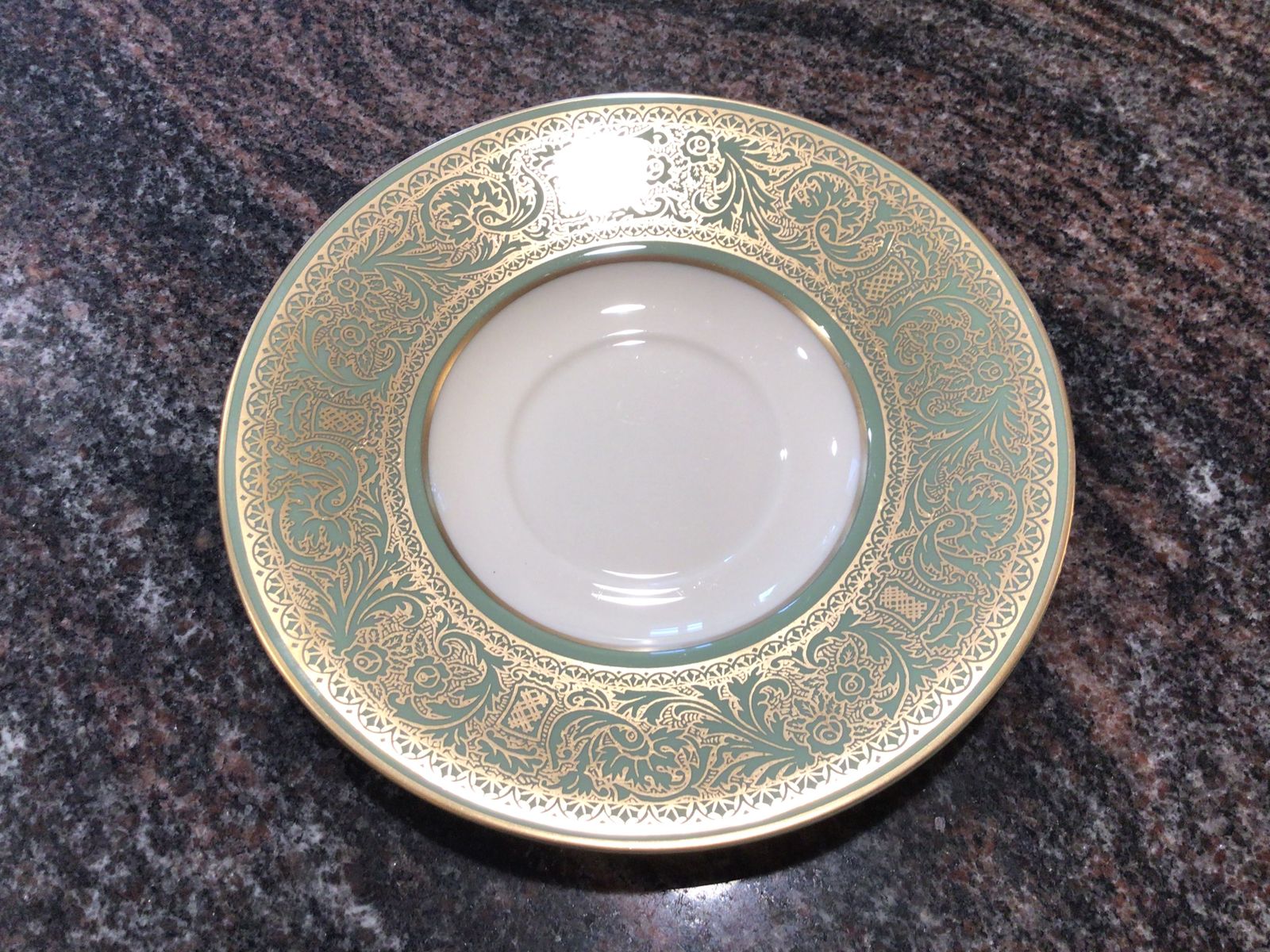 FRANCISCAN CROWN RENAISSANCE SAUCER gold filigree on green rim cottagecore