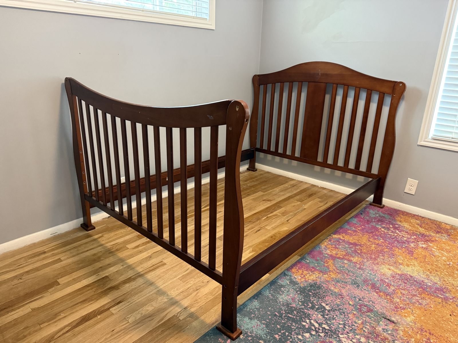 Wooden Bed Frame - Dark Brown Sleigh Style Full Size with Headboard & Footboard