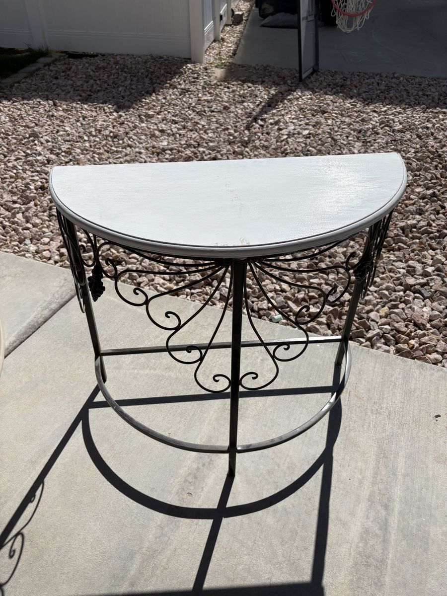 Wrought Iron & Wood Half-Moon Console Table - Black Base, white Top