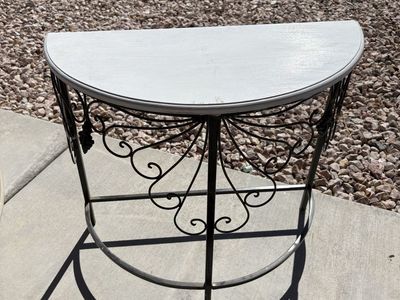 Wrought Iron & Wood Half-Moon Console Table - Black Base, white Top