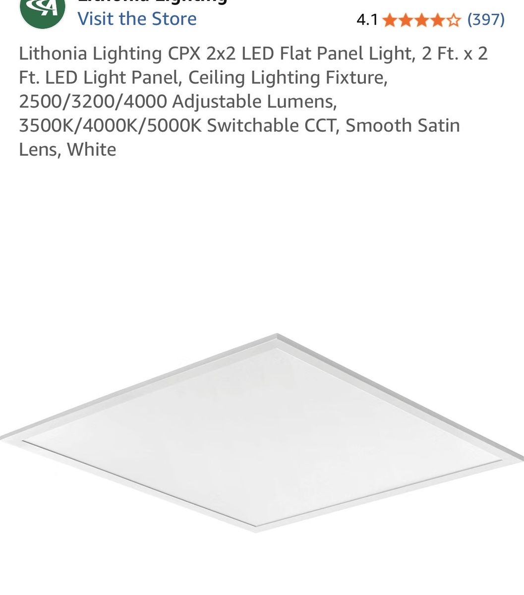 Lithonia Lighting CPX 2x2 LED Flat Panel Light Fixture, 2500/3200/4000 Lumens, 3500K/4000K/5000K CCT