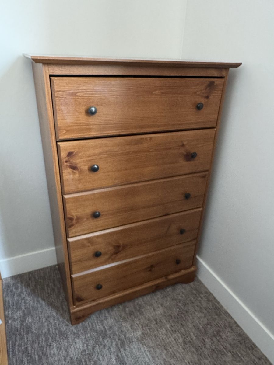 Solid Wood 5-Drawer Tall Dresser Chest with Dark Metal Hardware