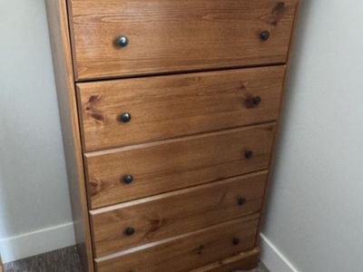 Solid Wood 5-Drawer Tall Dresser Chest with Dark Metal Hardware