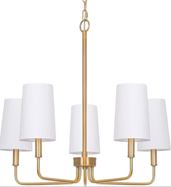 NEW 5 LIGHT BRUSHED GOLD CHANDELIER WITH WHITE FABRIC SHADES