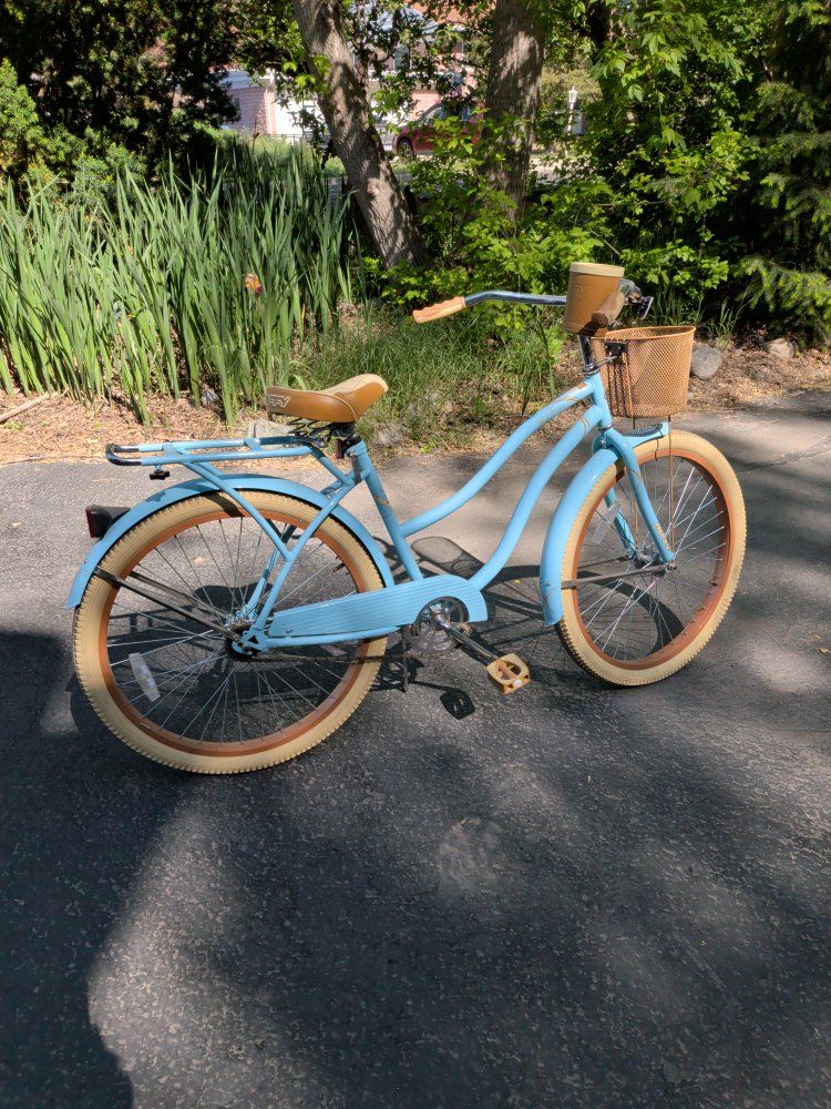 Baby Blue Beach Cruiser Bike with Basket and Rear Rack - Perfect for Casual Rides