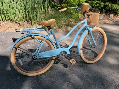 Baby Blue Beach Cruiser Bike with Basket and Rear Rack - Perfect for Casual Rides