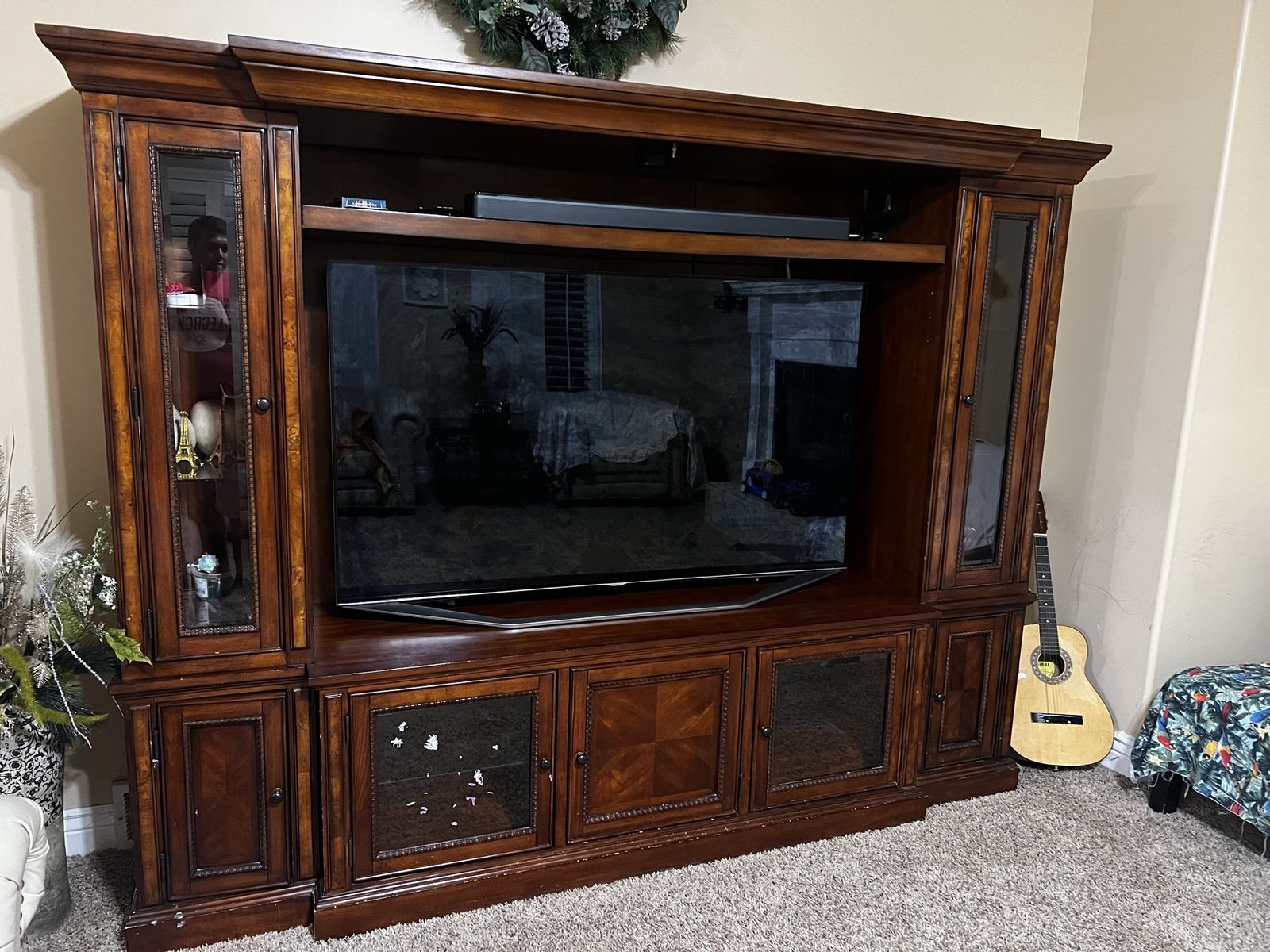 Large Wood Entertainment Center with Glass Door Storage and TV Stand
