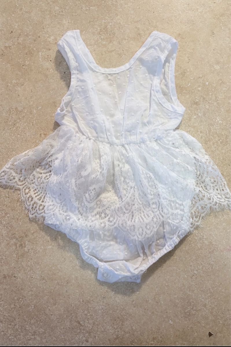 White Lace Baby Romper Dress with Swiss Dot Detail