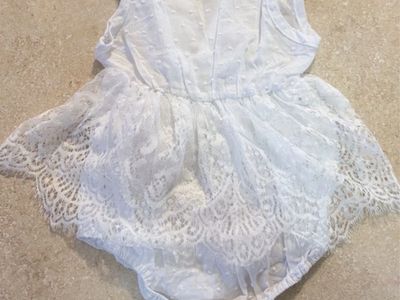 White Lace Baby Romper Dress with Swiss Dot Detail