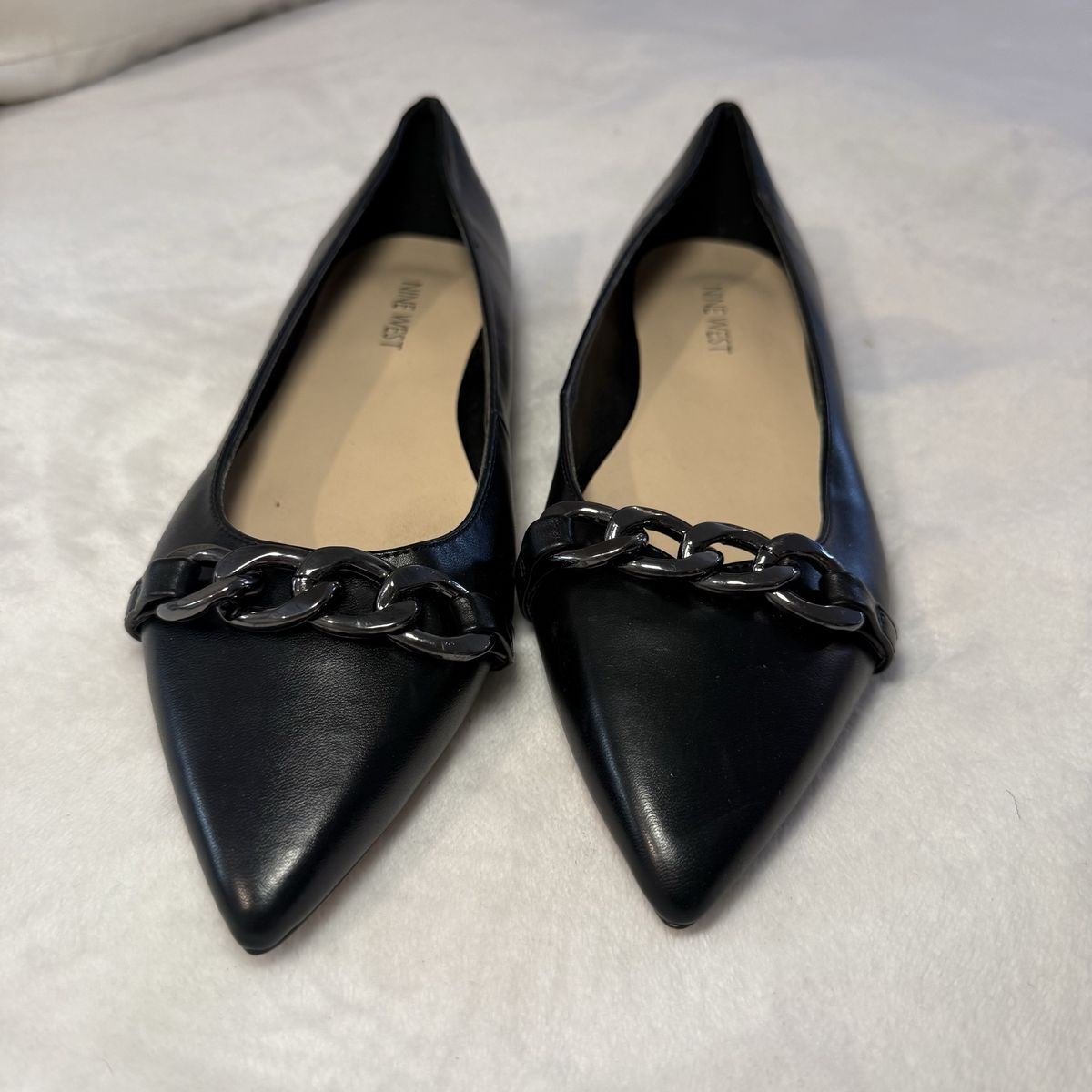 Nine West Women's Black Pointed Toe Flats with Silver Chain Detail, Size 8