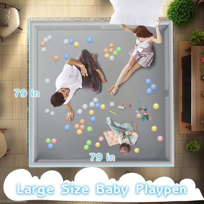 Large Size Baby Playpen, 79x79 inch, Gray, Secure & Spacious Toddler Activity Center with Breathable Mesh