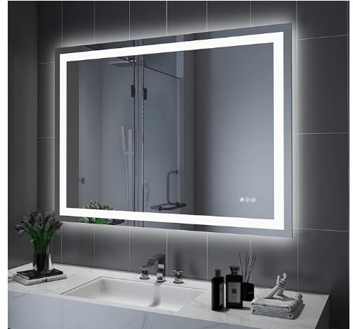LED Bathroom Mirror, 48"x 32" with Front and Backlight, Stepless Dimmable with Anti-Fog, Shatter-Proof, Memory, 3 Colors