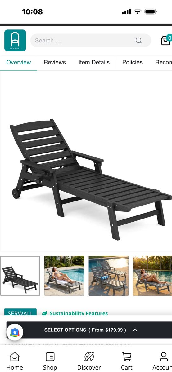 NEW IN BOX Serwall LITTORAL All-Weather HDPE Patio Chaise Lounge Chair - Black