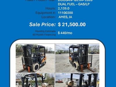 Whse forklift Doosan G25N 2020 2139hr gas & Lp in Ames IA