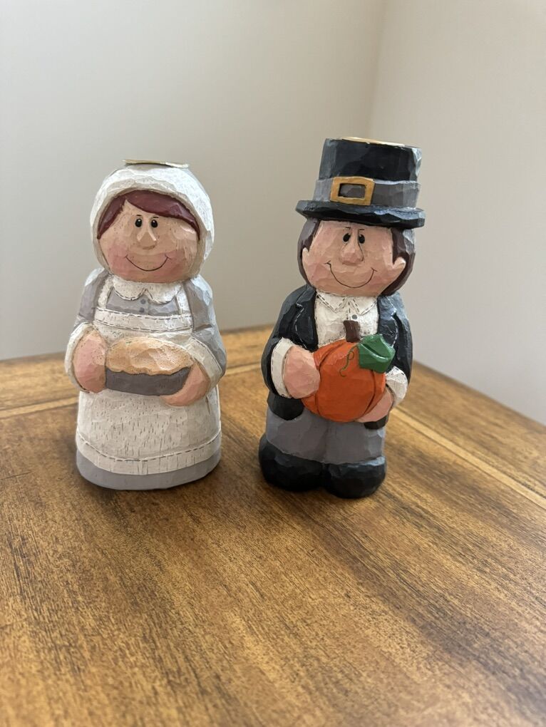 Set Of 2 Thanksgiving Pilgrim Candlestick Holders