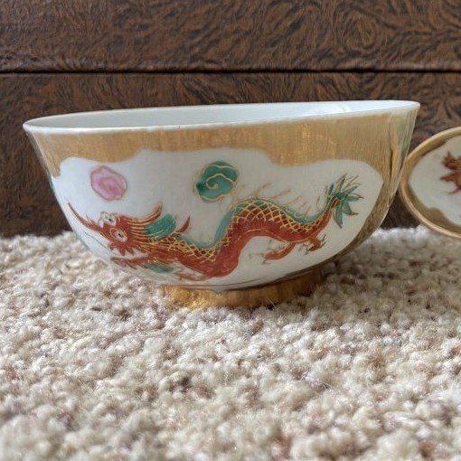 Vintage Chinese Porcelain Dragon Bowl & Spoon Set - Gold Trim, Hand-Painted Design