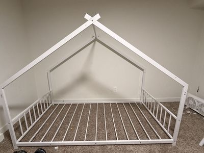 White Metal House Bed Frame - Twin Size, Floor Bed, Toddler/Kids Montessori Style