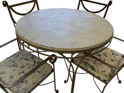 Vintage Wrought Iron Patio Set - Round Table with (i believe) Travertine top & 4 Chairs with Cushions