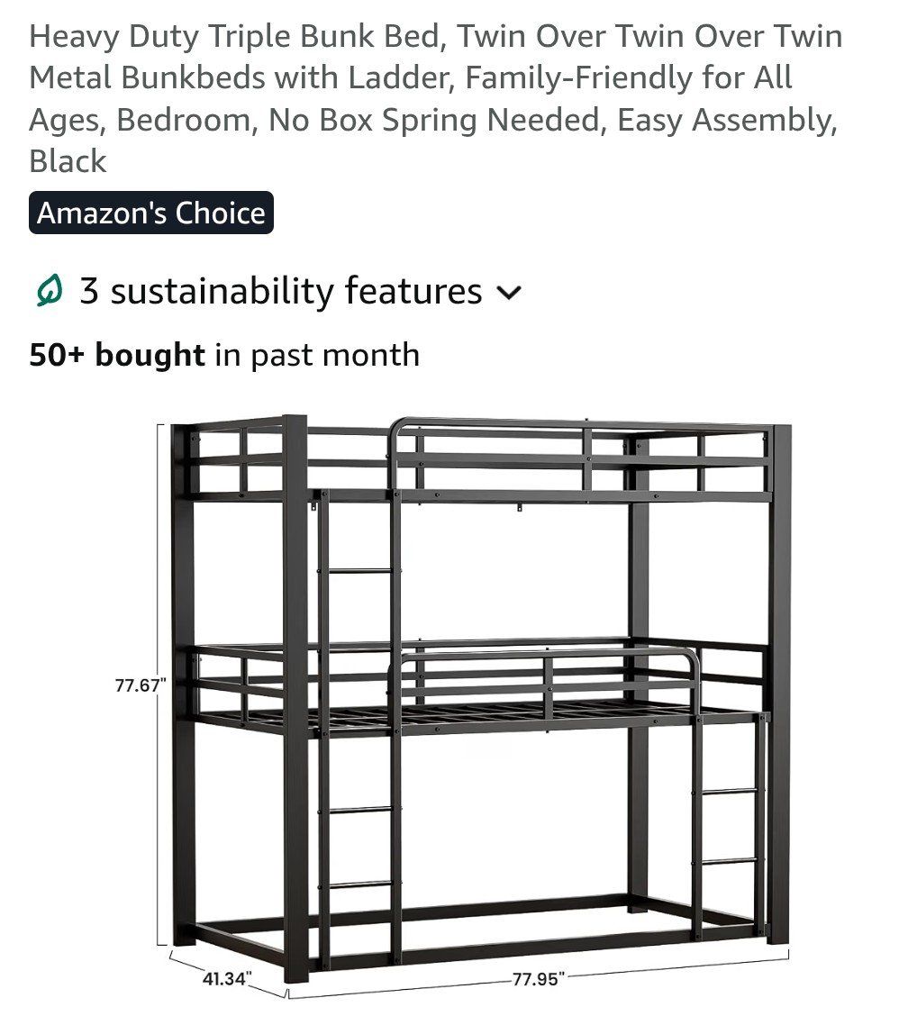 Heavy Duty Triple Bunk Bed - Twin Over Twin Over Twin Metal Bunkbed with Ladder - Black