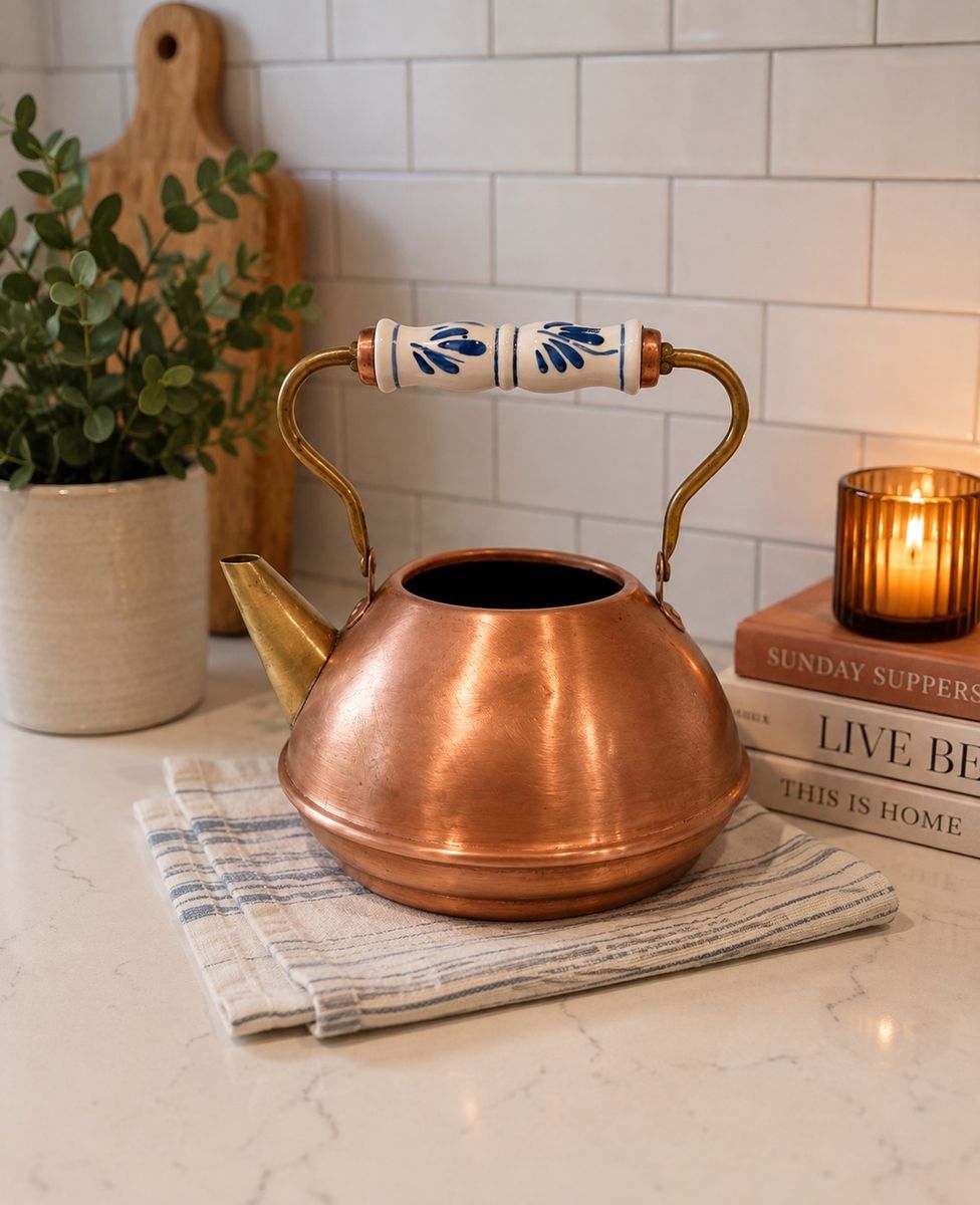Vintage Copper Tea Kettle with Blue and White Ceramic Handle