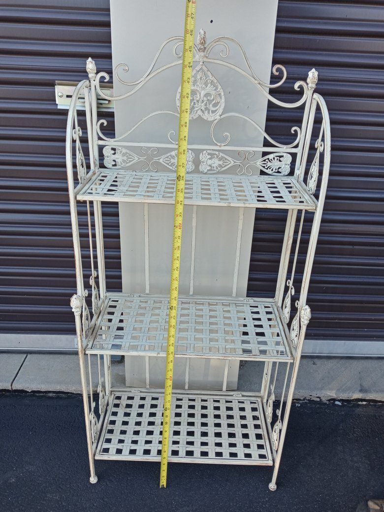 Vintage White Wrought Iron Folding Bakers Rack Plant Stand 3-Tier Scrollwork Display Shelf