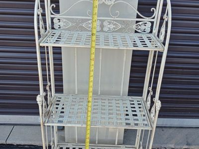 Vintage White Wrought Iron Folding Bakers Rack Plant Stand 3-Tier Scrollwork Display Shelf