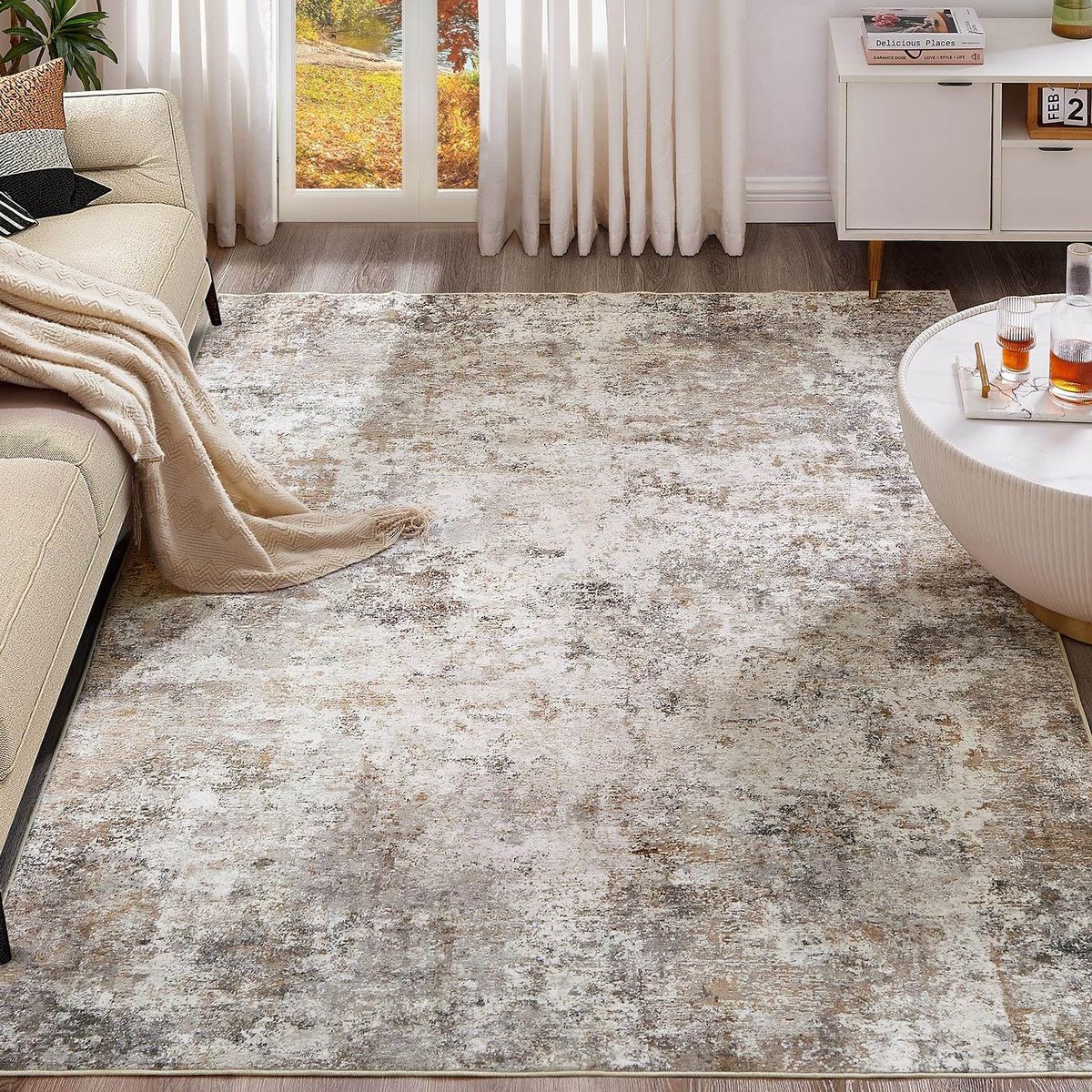 New 10x14 Area Rug Living Room Rugs - Washable Neutral Modern Abstract Soft Thin Large Rug Indoor