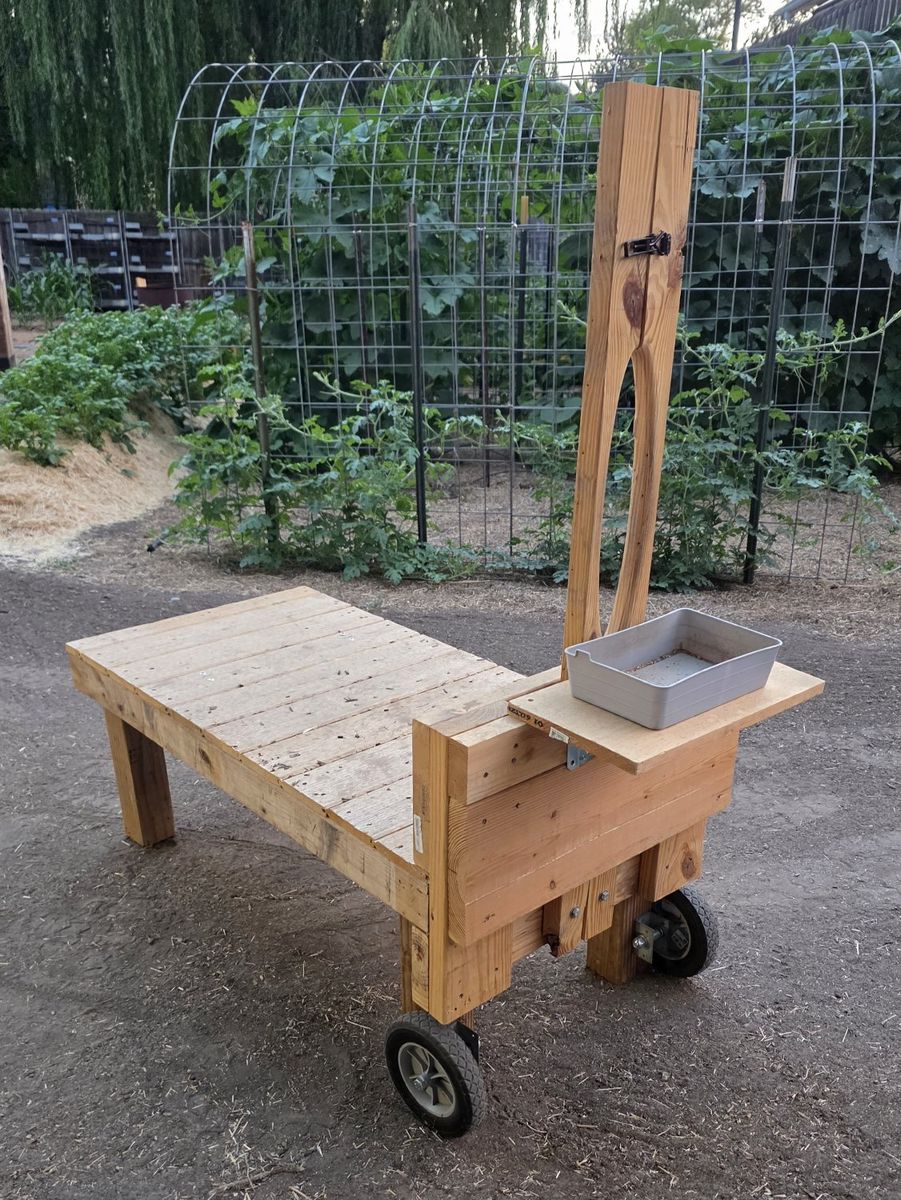 Handmade Wooden Goat Milking Stand - Portable with Wheels and Feed Tray