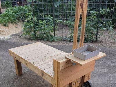 Handmade Wooden Goat Milking Stand - Portable with Wheels and Feed Tray
