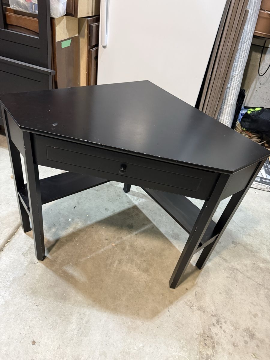 Compact Black Corner Desk with Storage Drawer and Shelf - Space Saving Design