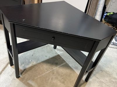Compact Black Corner Desk with Storage Drawer and Shelf - Space Saving Design