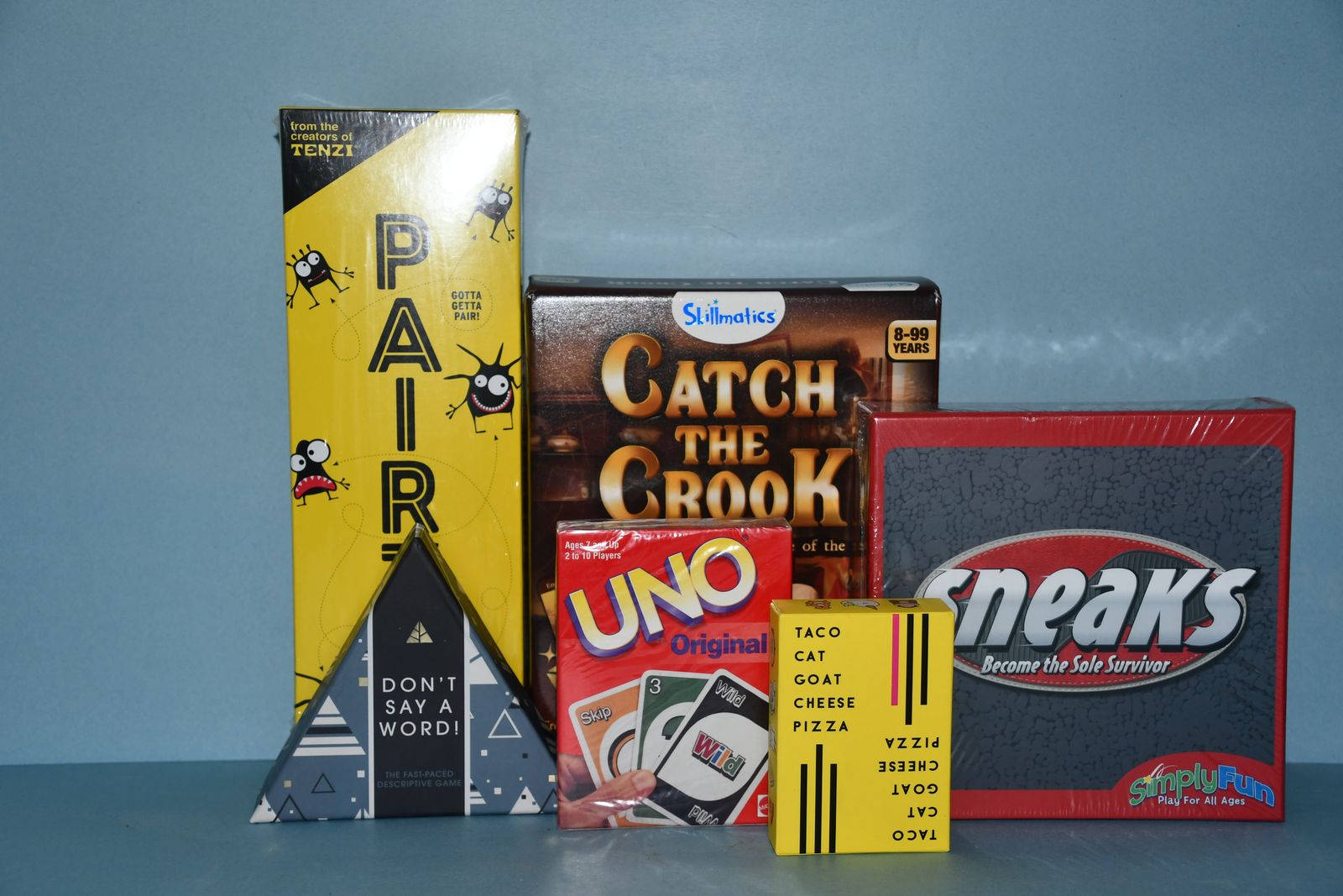 6 FAMILY GAMES ~ PAIRZI, CATCH THE CROOK, UNO, SNEAKS, TACO..., DON"T SAY A WORD