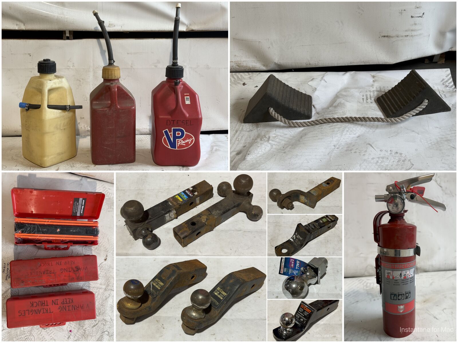 SAVE! Automotive Items - Fuel Cans, Tow Hitches, Safety Triangles, Fire Extinguishers, Wheel Chocks - Good Used Condition