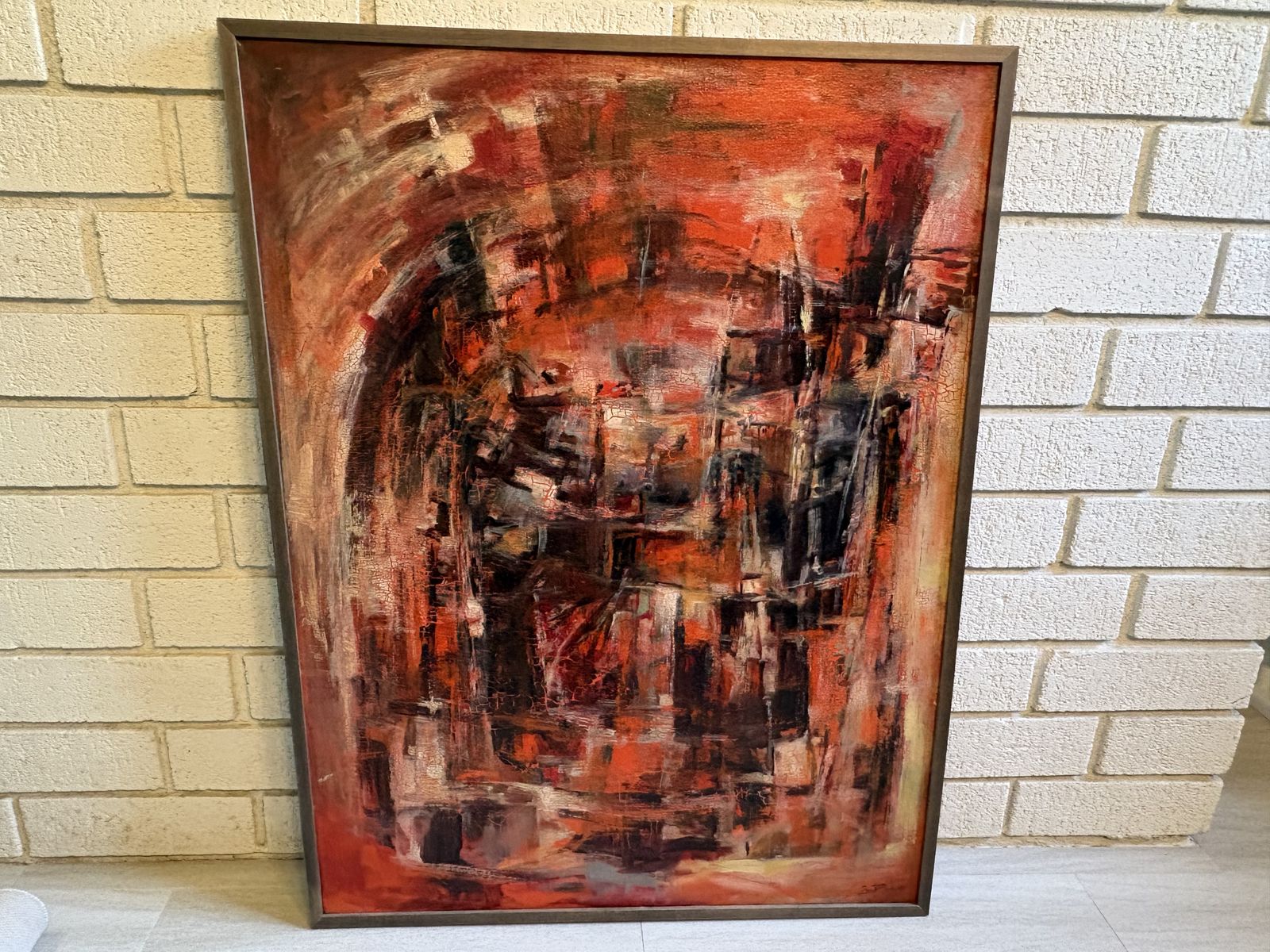 Beautiful 1957 Mid Century Modern abstract oil on canvas fine art painting. Signed, titled “Seige” by Paul T Roch