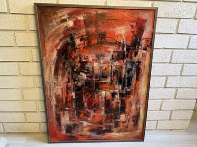 Beautiful 1957 Mid Century Modern abstract oil on canvas fine art painting. Signed, titled “Seige” by Paul T Roch
