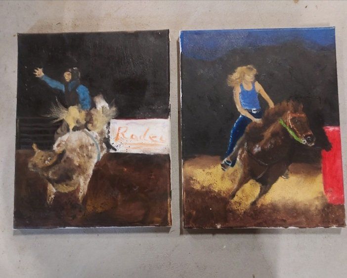 Hand-Painted Rodeo Art Canvas Set - Bull Rider & Barrel Racer Oil Paintings
