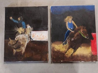 Hand-Painted Rodeo Art Canvas Set - Bull Rider & Barrel Racer Oil Paintings