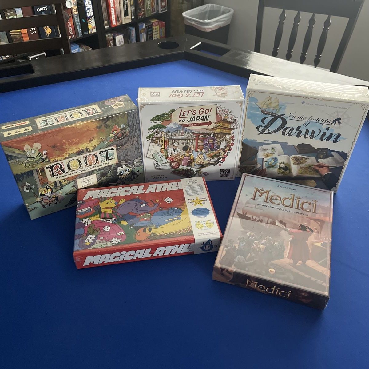Board Game Bundle: Root, Let's Go! to Japan, In the Footsteps of Darwin, Magical Athlete, Medici - New