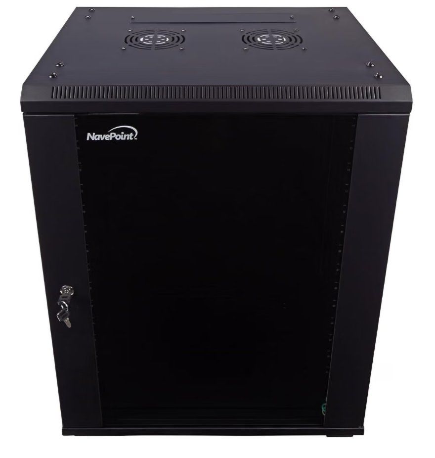 NavePoint 15U Server Cabinet Wall Mount Rack Enclosure with Caster Wheels, Includes 2 Fans, Locking Glass Door, Removable Side P