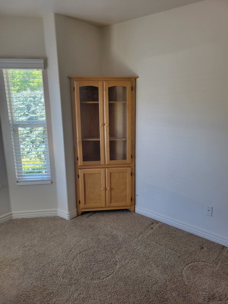 Wooden Corner Cabinet with Glass Doors - Light Wood Finish Display Unit