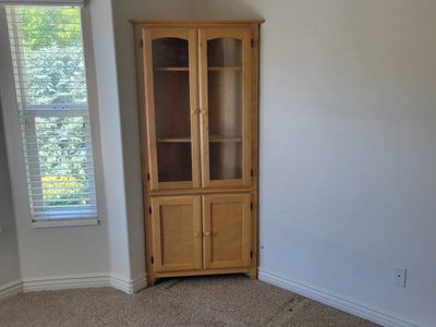 Wooden Corner Cabinet with Glass Doors - Light Wood Finish Display Unit
